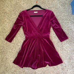 Purple Velvet Mid Sleeve V Neck Romper